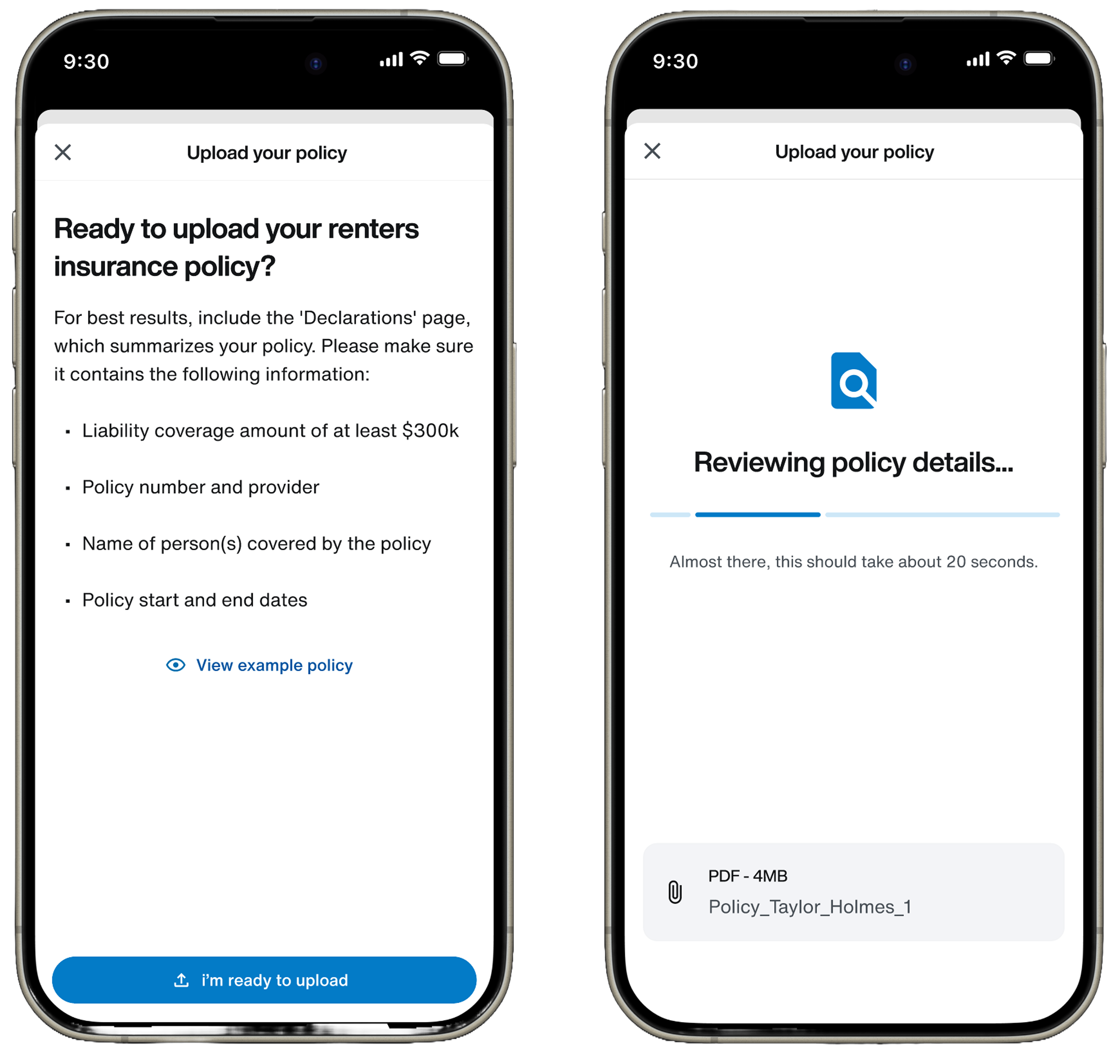 Screenshots of two mobile app screens showing upload instructions